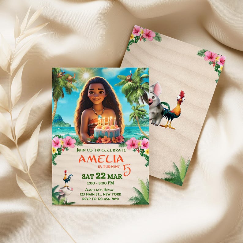 Close-up of a birthday invitation card placed on a soft fabric background, showing editable text areas for name, age, date, and location.