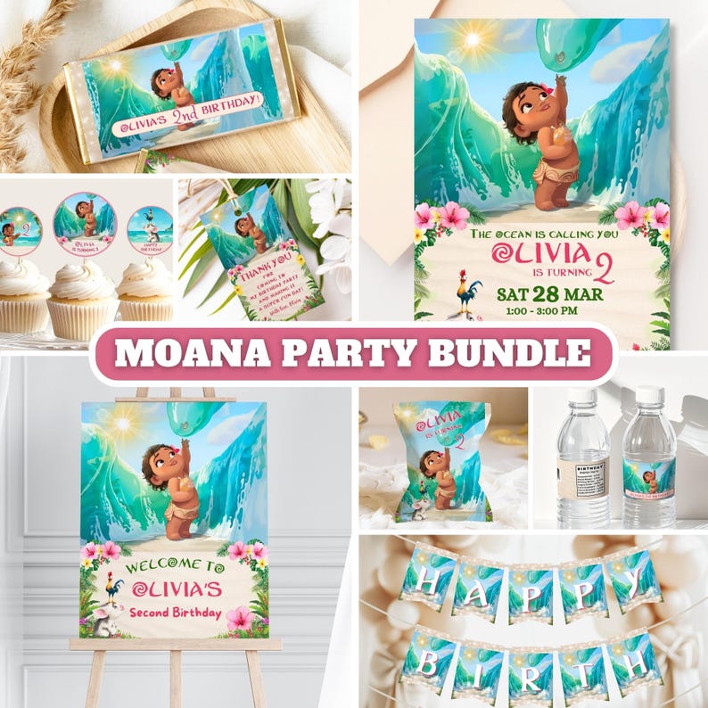 A collage showing a full Baby Moana birthday party bundle including invitation, welcome sign, cupcake toppers, chip bag, water bottle labels, chocolate wrappers, banner, and favor tags with tropical ocean theme.