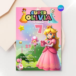 Prinzessin Peach Geburtstagseinladung: Girl's Super Mario Party - Bearbeitbare Canva Vorlage