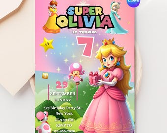 Verjaardagsuitnodiging Princess Peach: Super Mario Party voor meisjes: bewerkbare canvassjabloon
