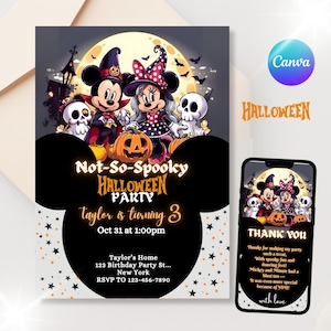 Mickey and Minnie Not-So-Spooky Halloween Invitation - Kids Birthday Invite - Instant Download Canva Editable