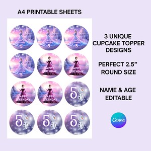 Pu&ograve; includere: Un foglio di decorazioni per cupcake stampabili A4 con tre design unici. Le decorazioni rotonde, di 6,35 cm di diametro, presentano immagini di una principessa, il numero 5 e un pupazzo di neve. Il testo include "Buon Compleanno" e "Nome e et&agrave; modificabili".