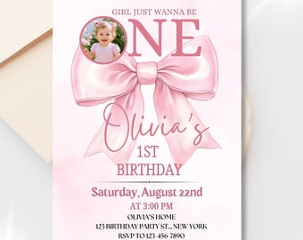 Girl Just Wanna Be One Invitation with Photo, Pink Bow First Birthday Invite, Editable Canva