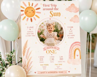 First Trip Around the Sun Milestone Sign Template, 1st Birthday Photo Board, Editable Canva Baby Stats Sign