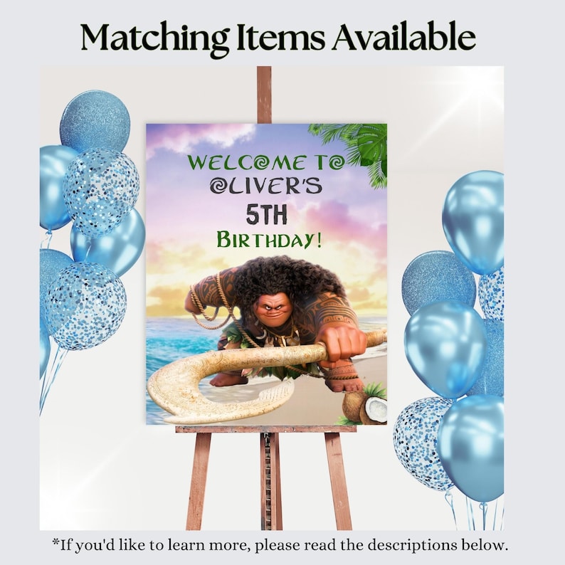 May include: A welcome sign for a 5th birthday party featuring a cartoon character from the movie Moana. The sign is blue, pink, and green with the text "Welcome to @Liver's 5th Birthday!"