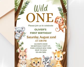 Wild One First Birthday Invitation, Safari Animals, Editable Canva Template