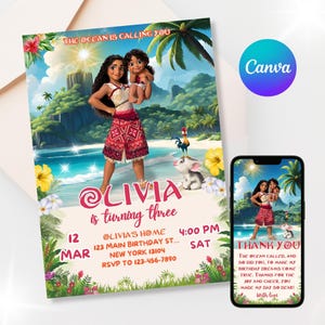 Invitation d'anniversaire de Moana | Tropical Luau Beach Party l Invitation | Modèle de toile modifiable