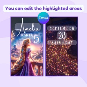 May include: Digital birthday invitation featuring a princess with long blonde hair in a purple dress. The invitation includes the name "Amelia" and the number "5". The date is September 28, Saturday.