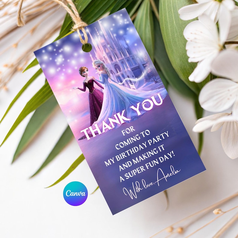 Kit per festa di compleanno a tema Frozen personalizzabile, con invito, cartello di benvenuto, striscione, decorazione per cupcake e cartellino per bomboniere. immagine 9