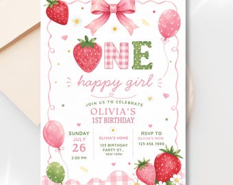 One Happy Girl Birthday Invitation Template | Berry First Strawberry 1st Birthday Invite |  Canva Editable