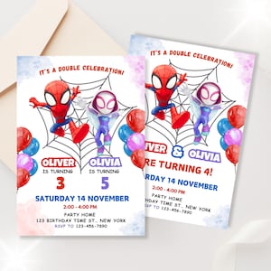May include: A rectangular birthday invitation card featuring cartoon characters in red and purple suits against a spiderweb background. Text includes IT'S A DOUBLE CELEBRATION, OLIVER IS TURNING 3, OLIVIA IS TURNING 5, SATURDAY 14 NOVEMBER, 2:00 - 4:00 PM, PARTY HOME, 123 BIRTHDAY TIME ST... NEW YORK, RSVP TO 123-456-7890.