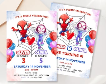Spidey  Sibling Birthday Invitation, Brother Sister or Twin Party, Editable Canva Template