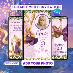 May include: Three smartphones displaying a birthday video invitation. The design features a cartoon princess with long blonde hair, a photo of a young girl, and the text "Olivia is turning 5." Additional text includes "Editable Video Invitation," "Add Your Photo," and event details.