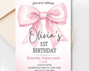 Pink Bow First Birthday Invitation, Elegant Coquette Party Invite, Editable Canva Template