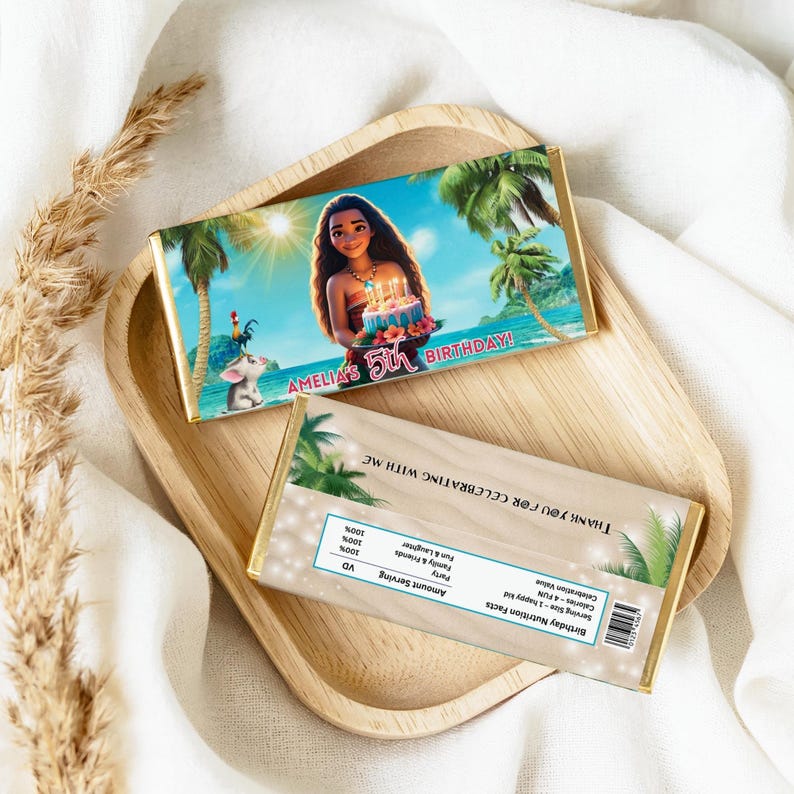 Chocolate bar wrappers covering small candy bars with tropical beach graphics and birthday text.