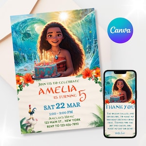 Editable Moana Birthday Invitation Luau Birthday Tropical Island Party Theme Canva Template