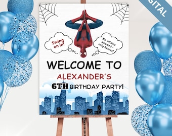 Letrero de bienvenida de cumpleaños de Spiderman: decoración imprimible para fiesta de superhéroes (edición instantánea en Canva)