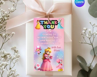 Etiqueta de recuerdo de la Princesa Peach, etiqueta de agradecimiento de Mario, cumpleaños de niña rosa, plantilla editable de Canva