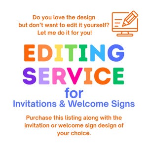 May include: A graphic promoting an editing service for invitations and welcome signs. The words "EDITING SERVICE" are in bright colours. The image includes a computer icon with a pencil.