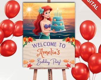 Cartel de bienvenida de cumpleaños de Ariel - Póster de fiesta de sirena - Canva editable - Descarga instantánea