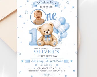 Teddy Bear First Birthday Invitation with Photo, Blue Baby Boy Editable Canva Template