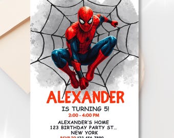 May include: A rectangular birthday party invitation featuring a red and blue superhero character crouching in front of a black spiderweb graphic. The text reads: ALEXANDER IS TURNING 5! 2:00 - 4:00 PM, ALEXANDER'S HOME, 123 BIRTHDAY PARTY ST... NEW YORK, RSVP TO 123-456-7890.