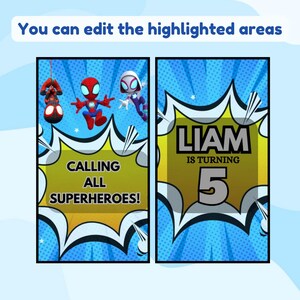 May include: Two party invitation designs with a superhero theme. One features Spider-Man characters and the text "Calling All Superheroes!". The other says "Liam is turning 5". Both have a comic book style.