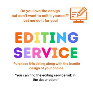 Graphic with colorful “Editing Service” text explaining that the seller can customize the design for the buyer instead of the buyer editing it themselves.