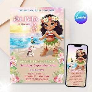 May include: A birthday invitation featuring a cartoon girl in a grass skirt, floral crown, and a pig and rooster. The text reads "The Ocean is Calling You! Olivia is turning 3." A smartphone displays a thank you card.