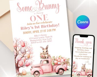 Easter 1st Birthday Invitation, Some Bunny is Turning One, Editable (Digital Invite)