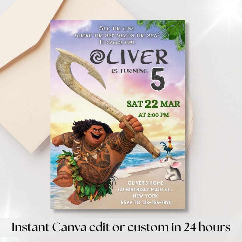 May include: A Moana-themed birthday invitation with a cartoon image of Maui holding a hook. The invitation is for Oliver's 5th birthday party on Saturday, March 22nd at 2:00 PM. The invitation includes the address and RSVP information.