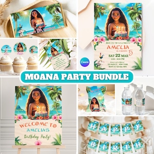 A full party bundle preview showing invitation, cupcake toppers, chip bag, banner, welcome sign, and water bottle labels arranged together in a cohesive tropical theme.