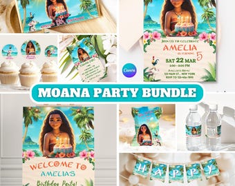 Kit per la festa di compleanno a tema Moana personalizzabile, set di inviti, etichette per bomboniere, etichette per sacchetti di patatine e acqua, striscione
