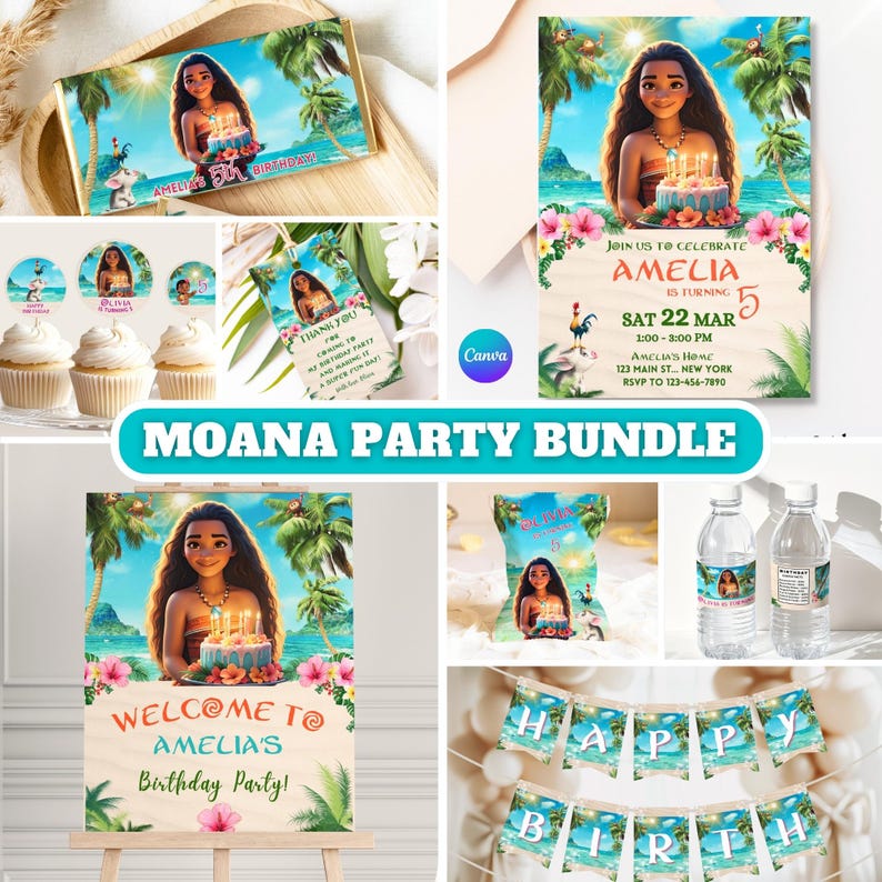 A full party bundle preview showing invitation, cupcake toppers, chip bag, banner, welcome sign, and water bottle labels arranged together in a cohesive tropical theme.