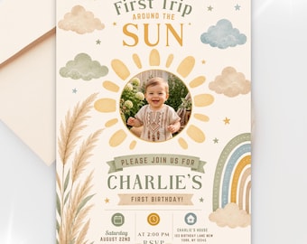 First Trip Around the Sun Photo Invitation, Boho Sunshine 1st Birthday Invite, Canva Template