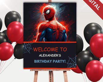 Panneau de bienvenue de Spider-Man | Décoration de fête d'anniversaire de super-héros | Toile modifiable