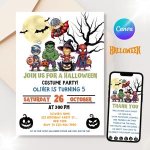 May include: Halloween-themed invitation with cartoon superheroes, a full moon, and bats. The invitation includes party details: "Join us for a Halloween Costume Party!" for Oliver's 5th birthday, October 26th, 3:00 PM.
