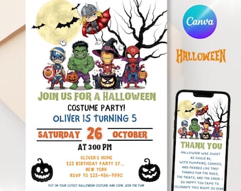 Halloween Superhero Birthday Invitation - Kids Costume Party - Editable Canva Template