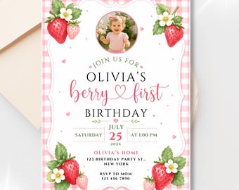 Berry First Birthday Invitation with Photo | Pink Strawberry Invite for a Girl's 1st Birthday | Canva Template