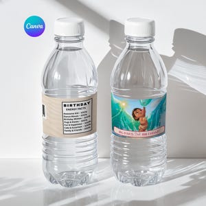 Two clear plastic water bottles placed side by side against a bright background. One bottle shows the front label with a Baby Moana-themed design featuring a small girl standing between ocean waves under sunlight, with the text “Olivia’s 2nd Birthday.” The other bottle shows the back label with a beige background and a playful “Birthday Energy Facts” list, styled like a nutrition label.