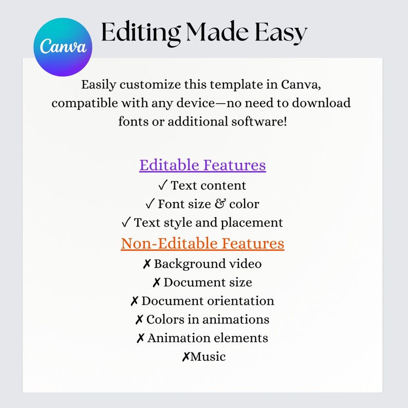 May include: A white graphic with the Canva logo and the text "Editing Made Easy." The graphic lists editable features like text content and font size, and non-editable features such as background video.