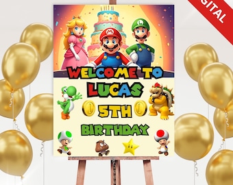 Mario födelsedagsvälkomstskylt - Super Mario Party Poster - Redigerbar Canvas