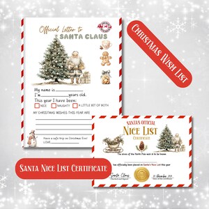Druckbare Weihnachtswunschliste Brief an Santa Schöne Liste Zertifikat Heiligabend Aktivität Sofort-Download