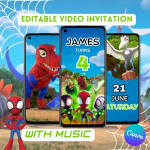 Puede incluir: Tres smartphones que muestran una invitación de cumpleaños con un diseño de dinosaurios. La invitación incluye el texto "JAMES TURNS 4" y "21 JUNIO SÁBADO". La invitación también incluye el texto "EDITABLE VIDEO INVITATION" y "WITH MUSIC".