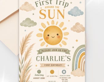 First Trip Around the Sun Invitation | Boho First Birthday Invite | Editable Canva Template