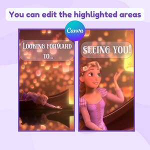 May include: A digital graphic with two panels featuring characters from a movie. The left panel says "Looking forward to..." and shows a person in a boat. The right panel says "Seeing you!" and shows a woman in a purple dress. The Canva logo is visible.