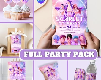 Kpop Demon Hunters Birthday Party Pack, Editable Canva Invitation, Welcome Sign, Labels, Toppers