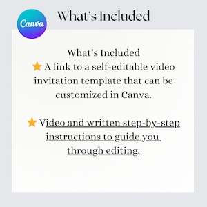 May include: A white graphic with the text "What's Included" and the Canva logo. The text describes a self-editable video invitation template and step-by-step instructions for editing.
