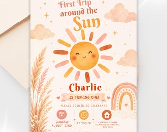 First Trip Around the Sun Birthday Invitation | Boho Sunshine 1st Birthday | Editable Canva Template