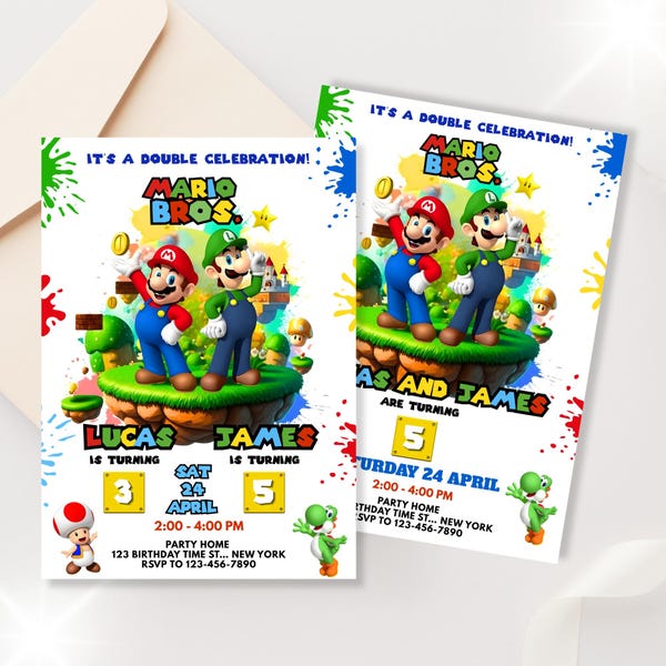 Super Mario Joint Birthday Invitation, Double Celebration, Brothers Twins Invite, Editable Canva